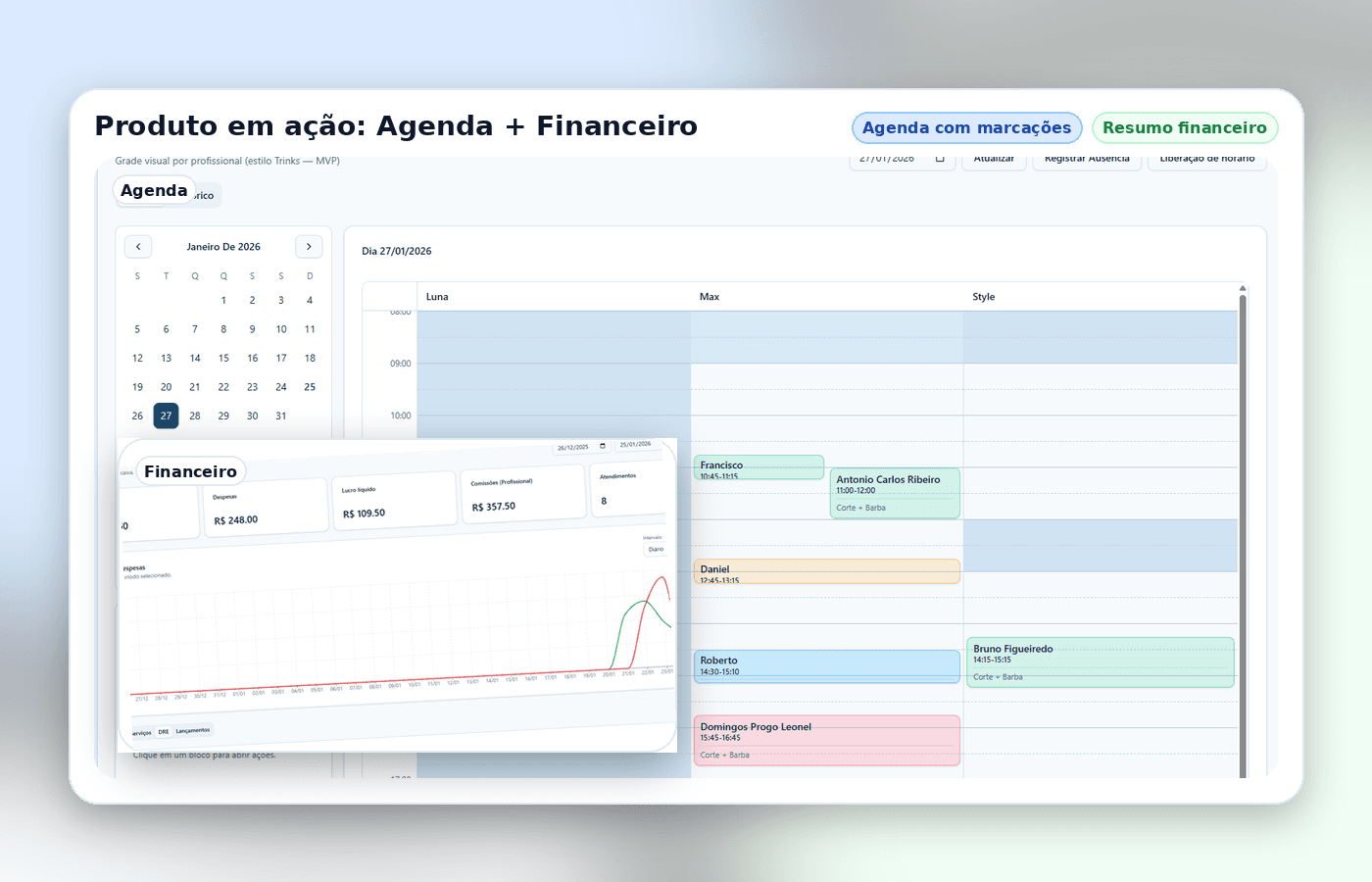 Produto em ação: agenda com marcações e resumo financeiro