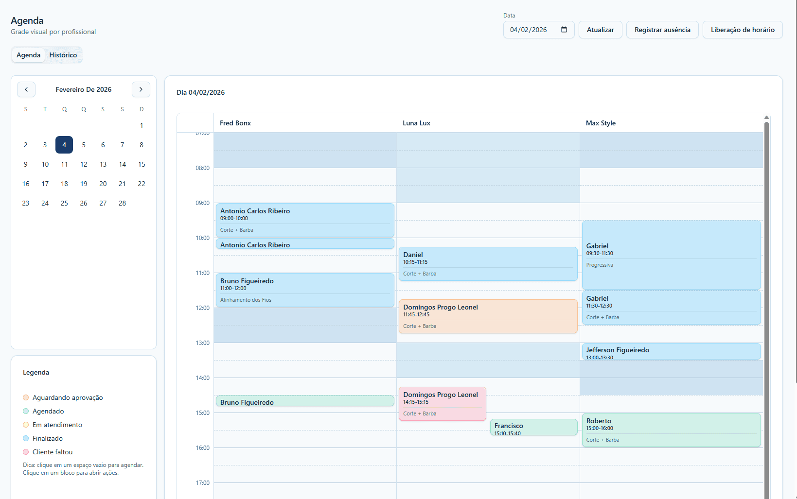 Tela do Barva com a agenda da equipe da barbearia