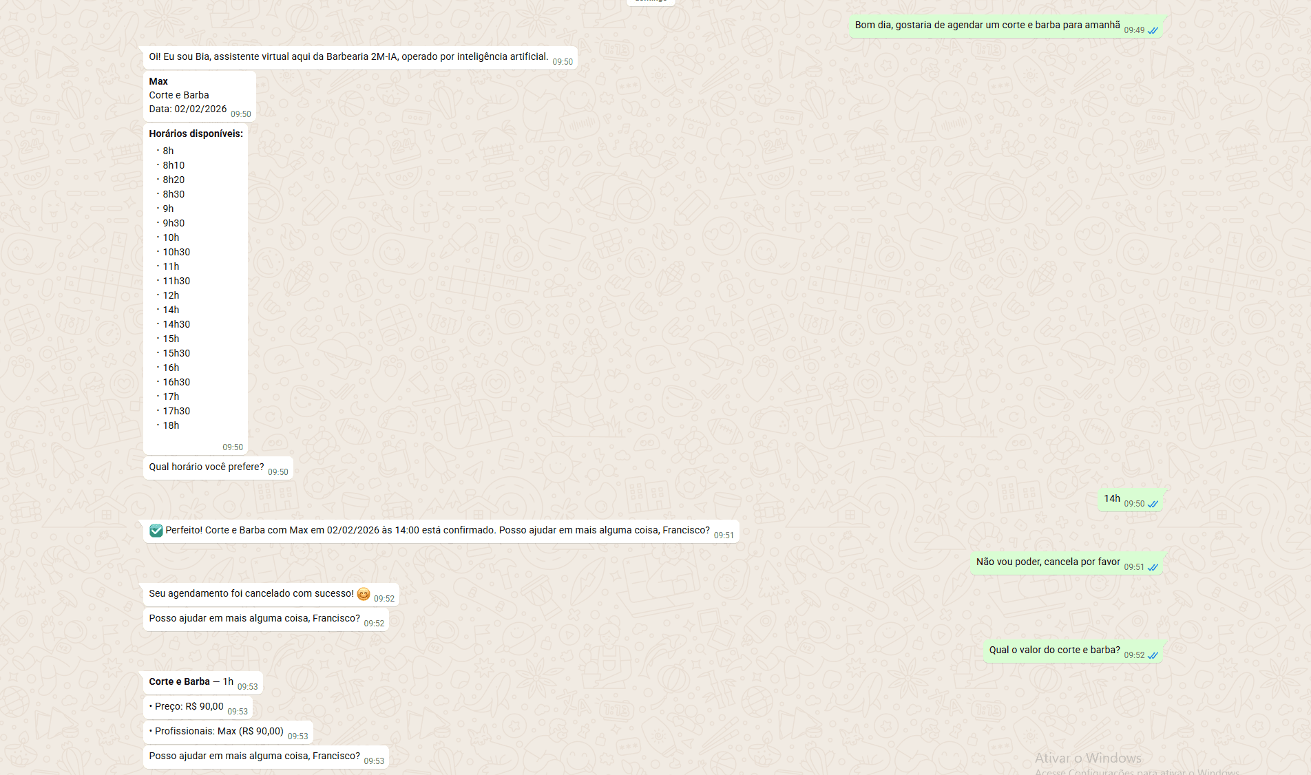 Tela do Barva com atendimento no WhatsApp para barbearia